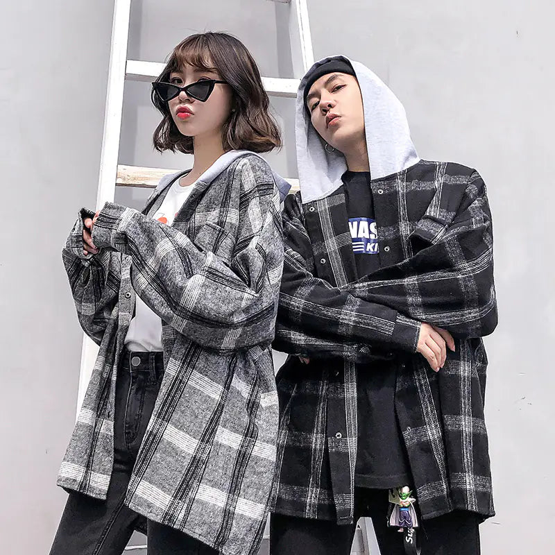 Couple's Checkered Hoodie Shirt Jacket