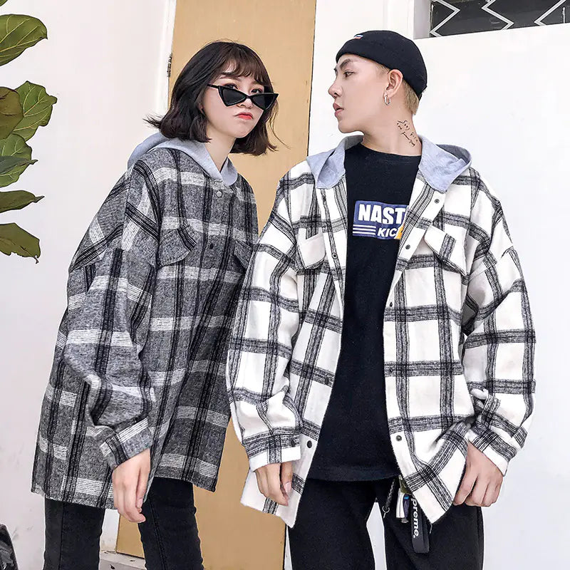 Couple's Checkered Hoodie Shirt Jacket
