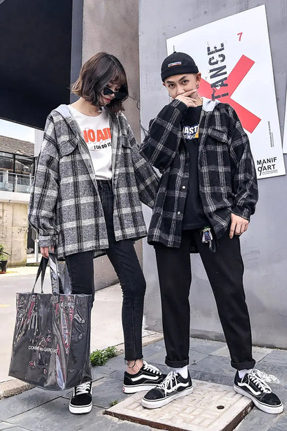 Couple's Checkered Hoodie Shirt Jacket