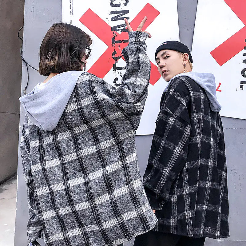 Couple's Checkered Hoodie Shirt Jacket